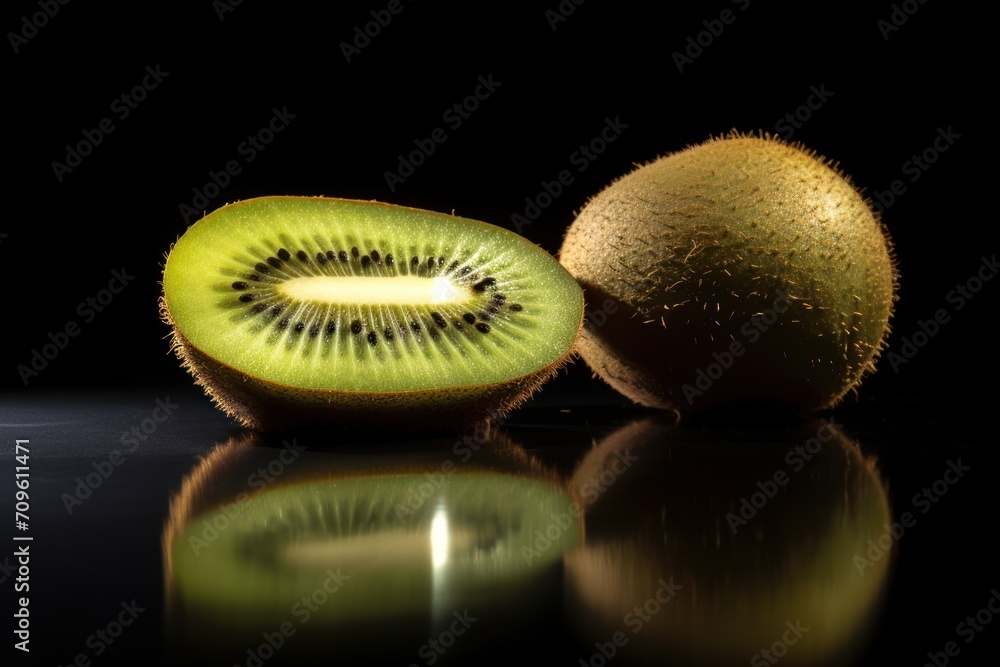 Poster a kiwi cut in half next to a kiwi on a reflective surface with a reflection on the surface.