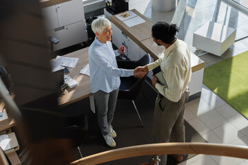 Smiling businesswoman doing handshake with candidate at office