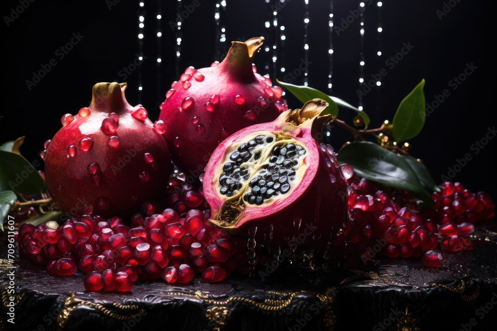 Poster a group of pomegranates with leaves and drops of water on a black surface with a string of lights in
