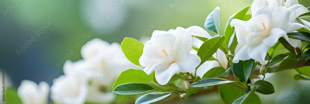 Poster white gardenia flower on isolated magical bokeh background with copy space for text placement