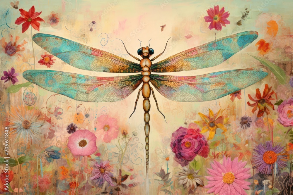 Poster a painting of a dragonfly sitting on a stick in a field of flowers with a butterfly in the backgroun