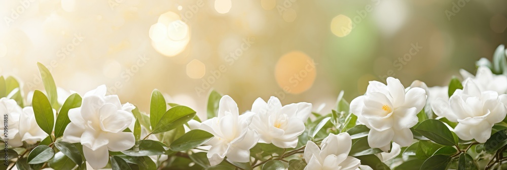 Aufkleber ethereal white gardenia on right side with magical bokeh background and text space on left