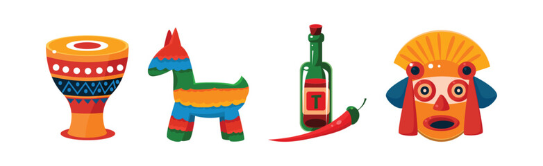 Mexican Objects and Symbols with Drum, Pinata, Mask and Tequila Vector Set