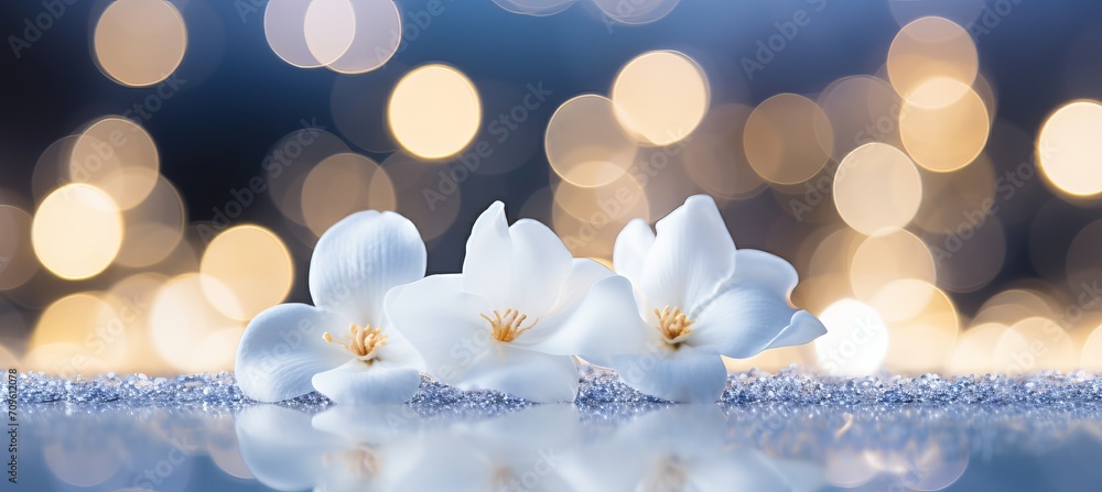 Poster white gardenia on right side with magical bokeh background and text space on left side