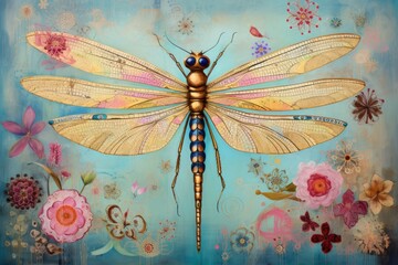  a painting of a dragonfly sitting on top of a blue background with flowers and butterflies in the foreground.