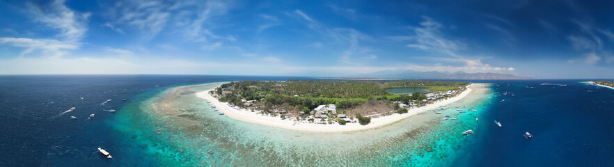 Fototapeta na wymiar Amazing aerial view of Gili Meno coastline on a sunny day, Indonesia