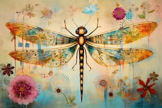 a painting of a dragonfly sitting on top of a piece of paper with flowers and a building in the background.