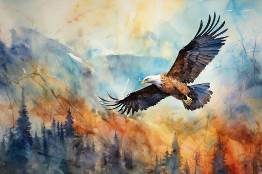  a painting of an eagle flying in the sky over a forest with trees and a mountain range in the background.
