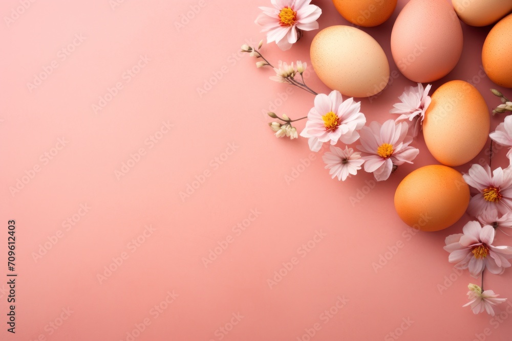 Poster  an arrangement of eggs and daisies on a pink background with a place for a text or an image with a place for your own text.