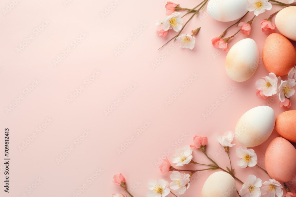 Poster an overhead view of eggs and flowers on a pink background with a place for the text on the left side