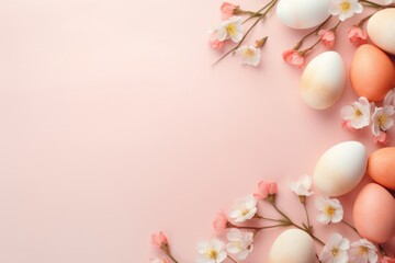  an overhead view of eggs and flowers on a pink background with a place for the text on the left side of the image.