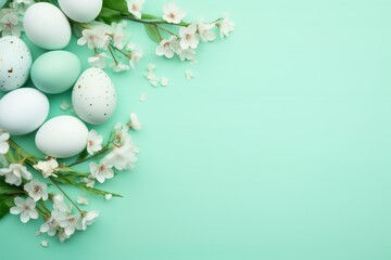  a bunch of eggs sitting on top of a table next to a branch of blossoming white flowers on a green background.