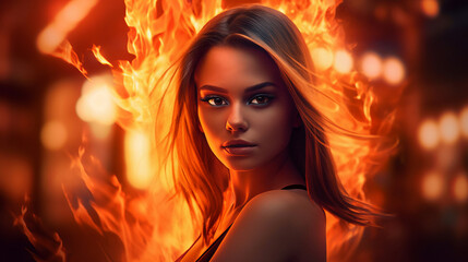 Fototapeta premium Charming red haired girl with fiery plume embodying fierce and vibrant essence of womanhood, attractive young ginger woman portrait symbolizing unbridled intensity of passion