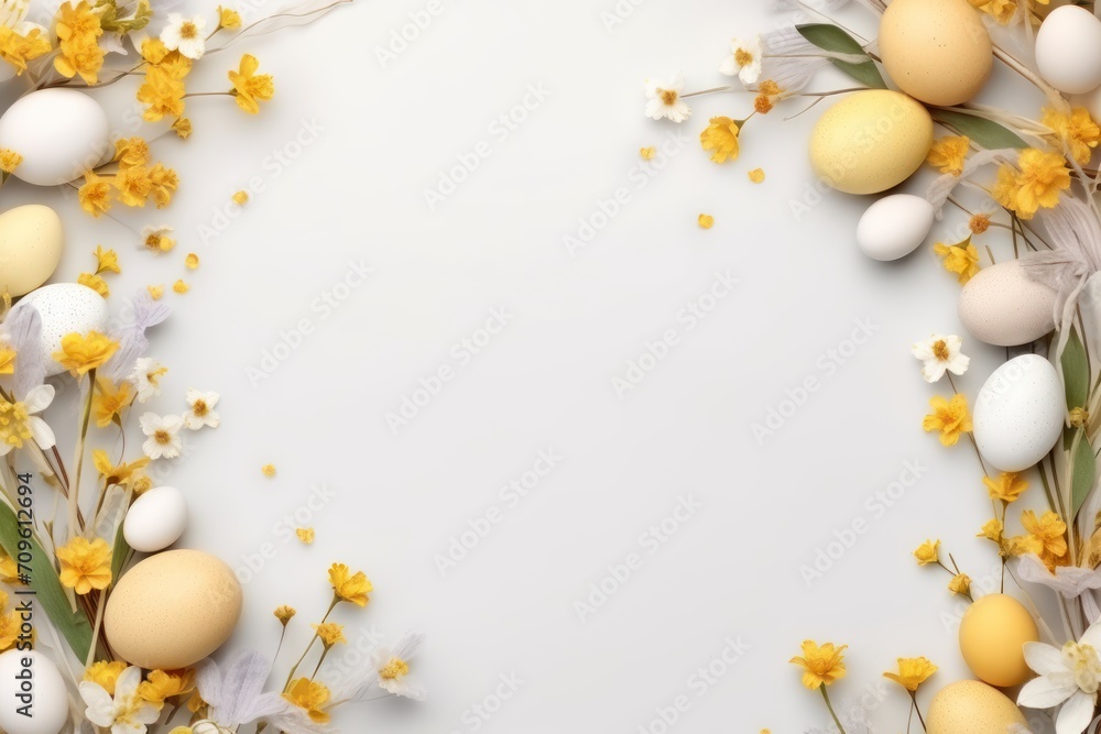 Poster an overhead view of eggs and flowers on a white background with a place for a text or an image with 