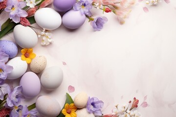 Fototapeta na wymiar a bunch of eggs sitting on top of a table next to a bunch of purple and white flowers on a pink background.