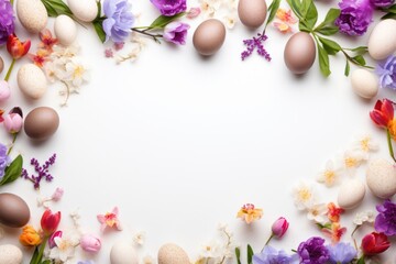  an overhead view of easter eggs and flowers on a white background with a place for the text in the center.