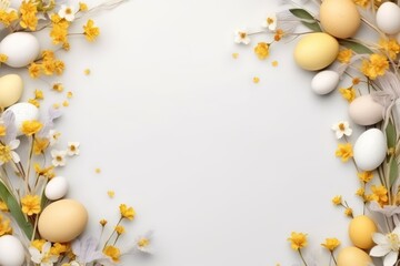 Naklejka na ściany i meble an overhead view of eggs and flowers on a white background with a place for a text or an image with a place for the text.