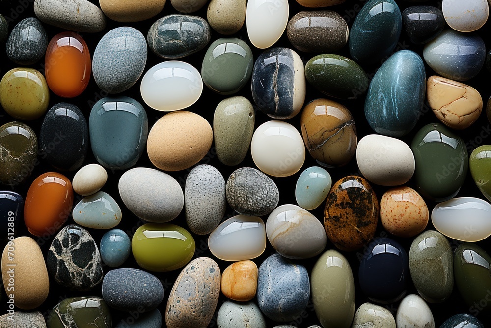Poster a close up of a bunch of rocks with different colors and sizes of rocks on top of each of them.