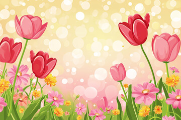 Botanical background with border of blooming pink tulips on a field. Floral design. Copy space.
