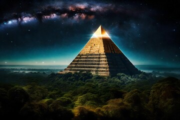 surreal mystical glowing pyramid rising in the tropical jungle under a nebulous sky