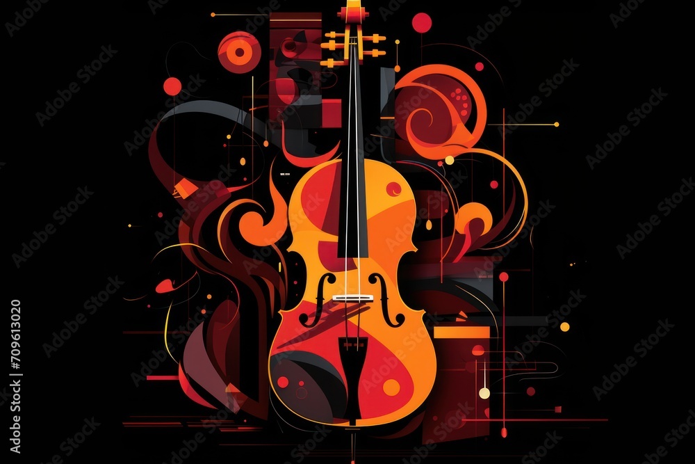 Poster a violin on a black background with a red and orange swirl around it and a black background with a r
