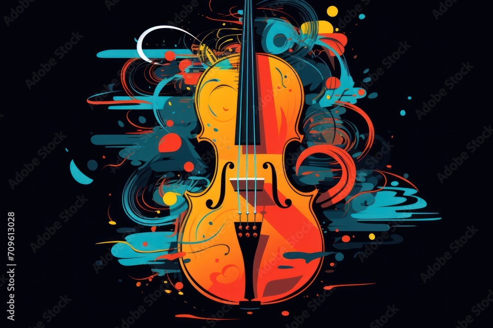 Poster a violin on a black background with a splash of paint on the bottom of the violin, and a splash of p