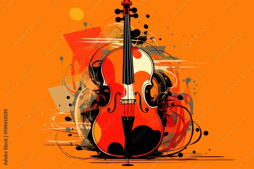 Poster a violin on an orange background with a splash of paint on the bottom of the image and a splash of p