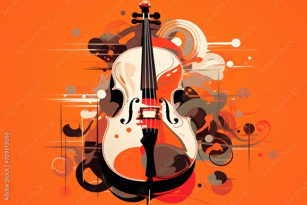 Poster a violin on an orange background with a swirly design on the bottom of the violin and the bottom of 