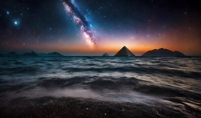 mystical pyramid lost in the middle of the sea under a bright nebula