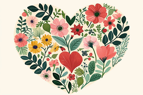 The heart is filled with different colorful flowers. Love theme. Mental health concept.