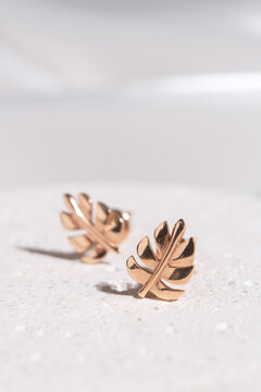 Subject shot of two gold earrings shaped as leaves on concrete podium. Beautiful accessories for women. Elegant jewelry gift or present for birthday or saint valentine's day.