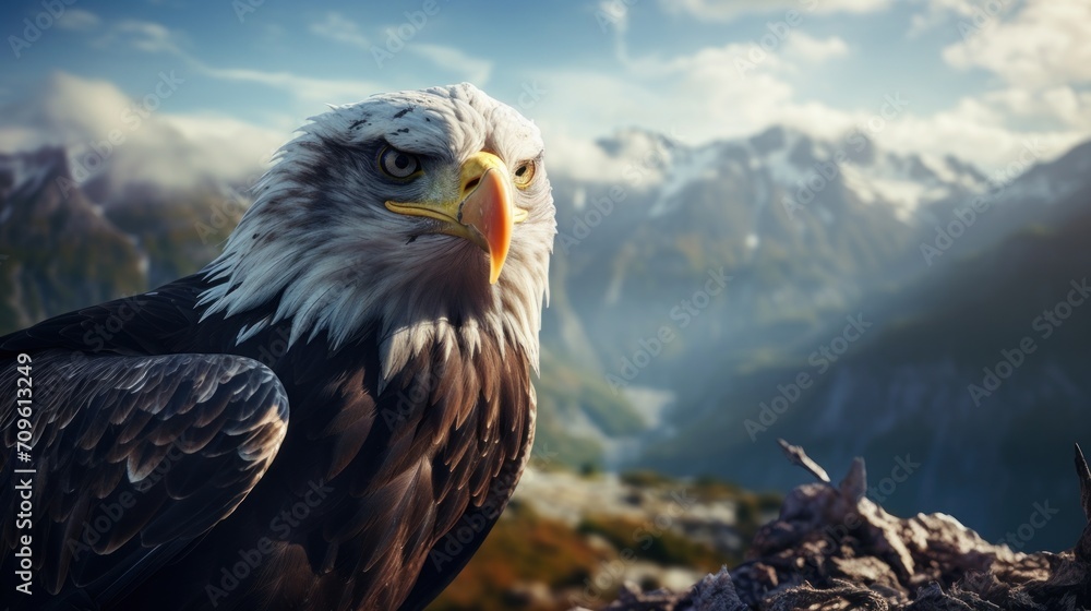 Aufkleber a close up of a bird of prey on a rocky surface with a mountain range in the background and clouds i