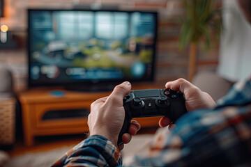 Close-up of male hands holding gamepad and playing video games at home