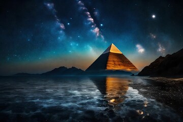 surreal space pyramid above water , nebulas and glowing stars