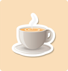 Cappuccino sticker illustration. Cup, saucer, coffee, steam. Editable vector graphic design.