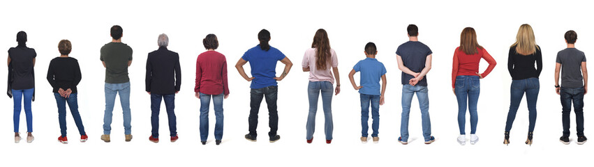 back view of a group of women and men of various ages dressed in jeans on white background