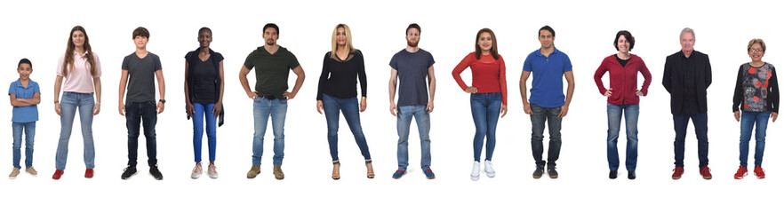 front view of a group of women and men of various ages dressed in jeans on white background