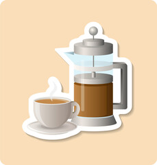 French Press sticker illustration. Cup, saucer, coffee, utensil, steam. Editable vector graphic design.