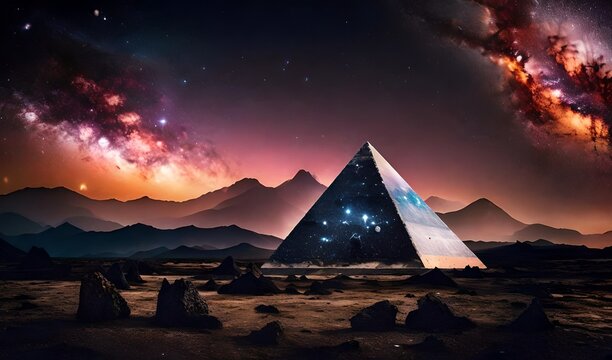 surreal mystical pyramid glowing over a seascape , starry night sky and magnifiscient nebula