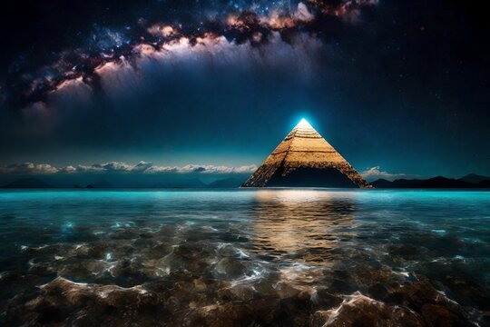 surreal mystical pyramid glowing over a seascape , starry night sky and magnifiscient nebula