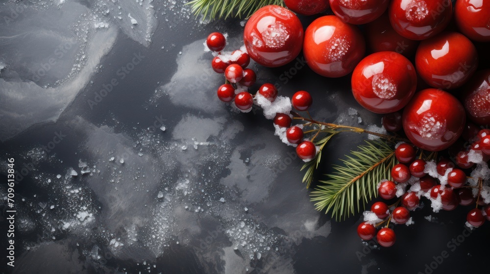 Poster a bunch of red berries sitting on top of a table next to pine cones and a branch of a tree.