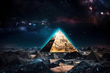 mystical ancient pyramid on outerspace planet , dark starry sky and nebula