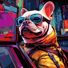  a painting of a dog wearing goggles and sitting in the driver's seat of a car with a cityscape in the background.