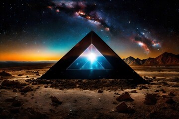 surreal galactic glowing pyramid , outerspace pyramid portal, nebulas and stary sky