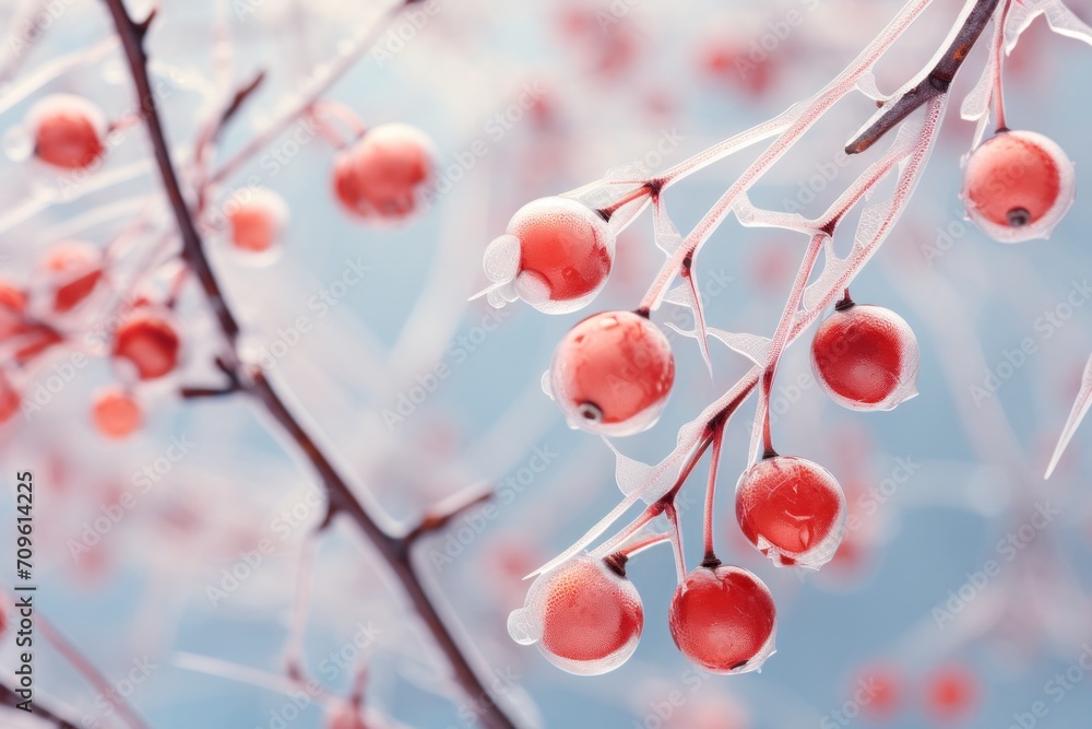 Poster a close up of a tree with red berries hanging from it's branches and ice on it's branches.