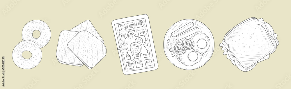 Wall mural hand drawn food for breakfast and morning meal vector set