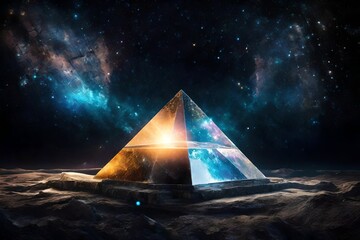 surreal  glowing  spatial pyramid , outerspace pyramid portal, nebulas and stary sky - obrazy, fototapety, plakaty