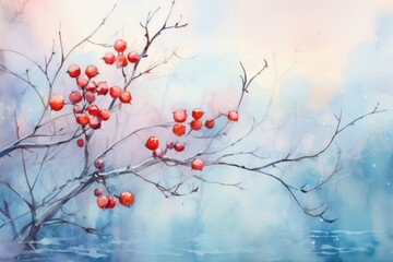  a painting of a tree with red berries hanging from it's branches and a blue sky in the background.