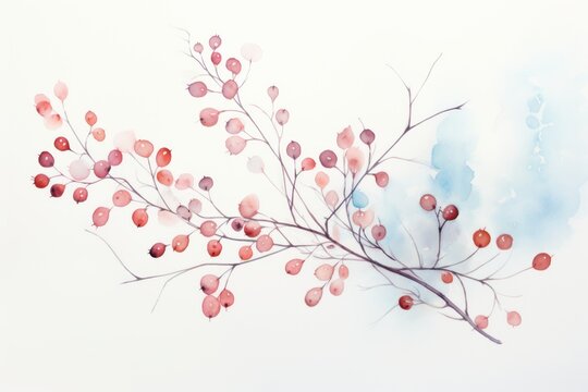 a watercolor painting of a tree branch with pink and red leaves on a blue and white watercolor background.