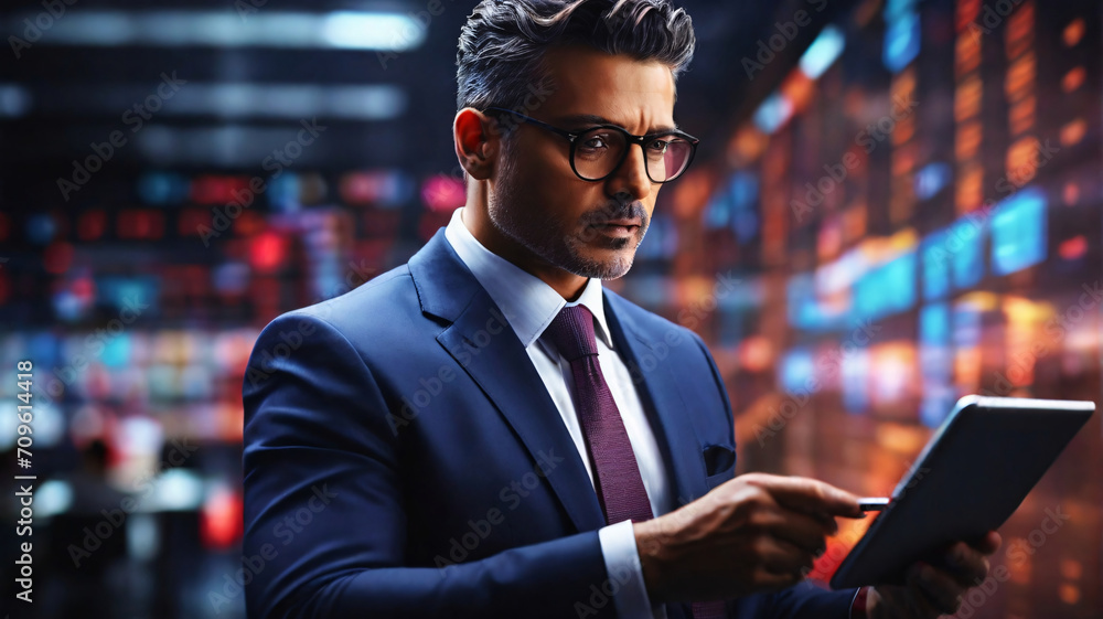Poster businessman using a tablet to analyze large data sets in a time-sensitive scenario, such as a stock 